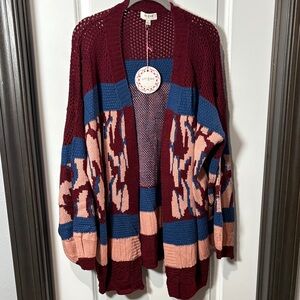 Umgee Burgundy and Blue Patterned Cardigan
